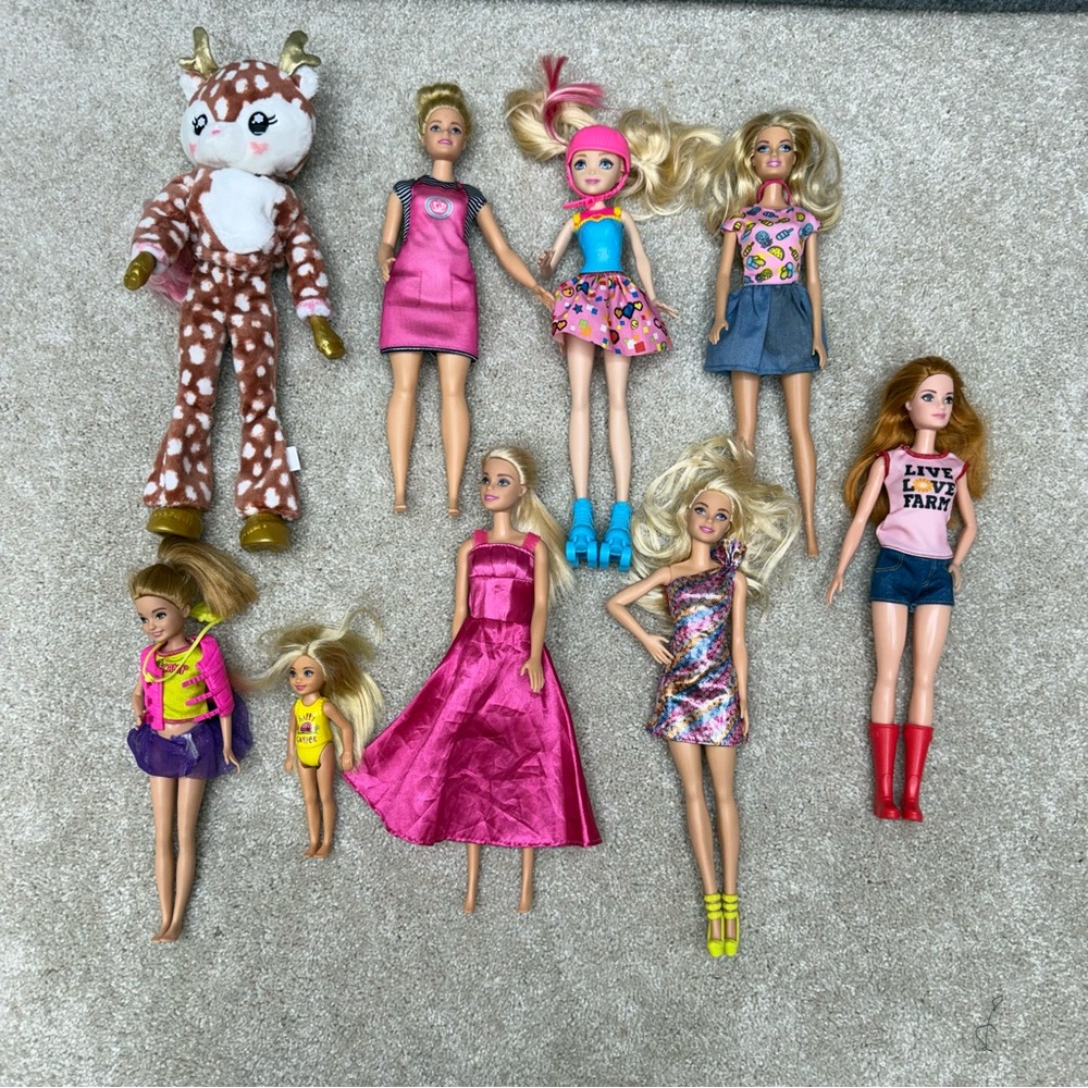 huge lot Barbie doll gamer girl farmer camper reindeer costume and more